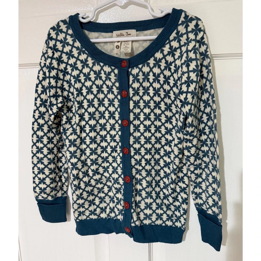 Matilda Jane Girls Teal Cream Geometric Star Cardigan Sweater Size 6‎ T1602